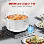 SUNHOUSE Stainless Steel Stock Pot - 11 Quart Heavy-Duty Induction Cooking Pot with Visible Lid for Pasta, Soup, Spaghetti - Nonstick Thick-Bottom Deep Stockpot for Canning, Boiling, and Simmering