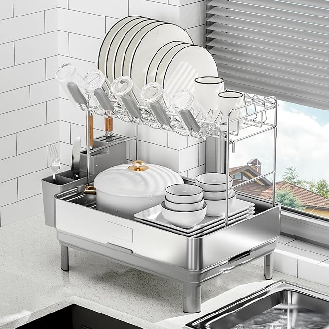 Dish Drying Rack, 2 Tier Large Dish Rack, Stainless Steel Dish Drainer for Kitchen Counter, Dishes Rack with Automatic Drainage, Utensil Holder&Cups Holder,Space Saving Kitchen Organizer,Gray