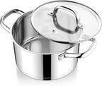 E-far Stainless Steel Stockpot, 5 Quart Pot with Glass Lid for Soup Pasta, Induction Nontoxic Cooking Pot for All Stoves, Thick Tri-Ply Bottom & Double Riveted Handle, Oven & Dishwasher Safe