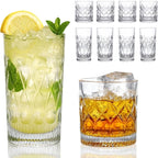 YULEER Drinking Glasses Set of 8, Glassware Drink Set, 4pcs 12oz Highballs and 4pcs 10oz Whiskey Glasses, Mixed Drinkware Easy to Clean for Whiskey, Cocktail, Margarita, and other Beverages