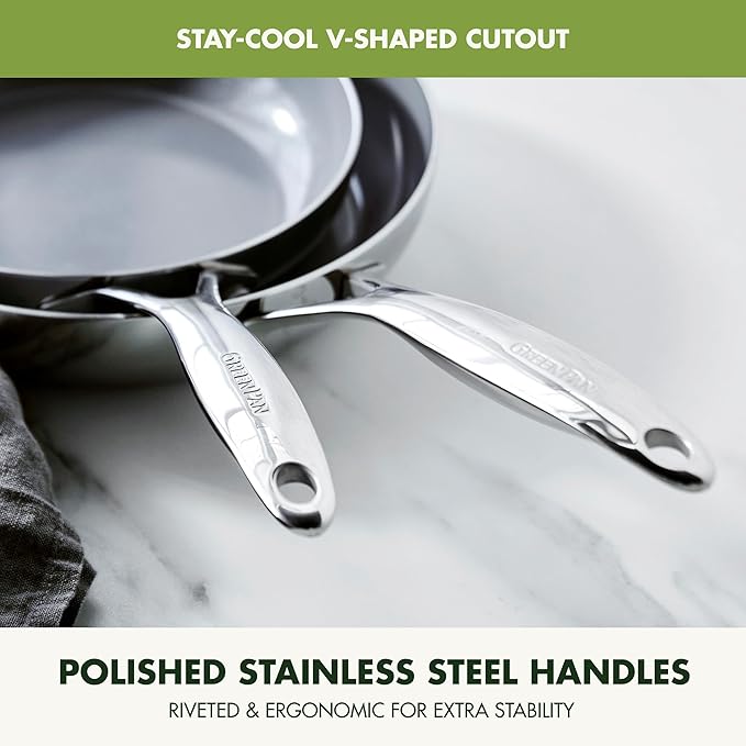 GreenPan Valencia Pro Tri-Ply Stainless Steel 8” and 10” Frying Pan Skillet Set, Ceramic Nonstick PFAS-Free Coating, Multi Clad Cookware, Induction, Dishwasher Oven and Broiler Safe