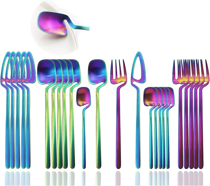 JASHII Silverware Set Satin Finish 24-Piece Stainless Steel Flatware Set Kitchen Utensil Set Service for 6 Tableware Cutlery Set Dishwasher Safe (Matte Rainbow)