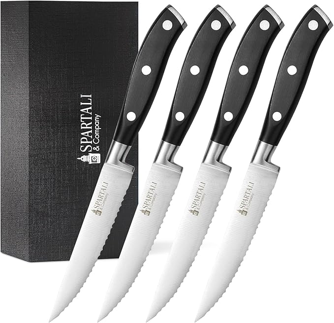 Spartali & Company Premium 4.5-Inch Steak Knife Set of 4 – Serrated Stainless Steel Blades with Ergonomic Handles – Razor-Sharp Cutlery for Effortless Meat Slicing – Dishwasher Safe, Rust-Resistant.