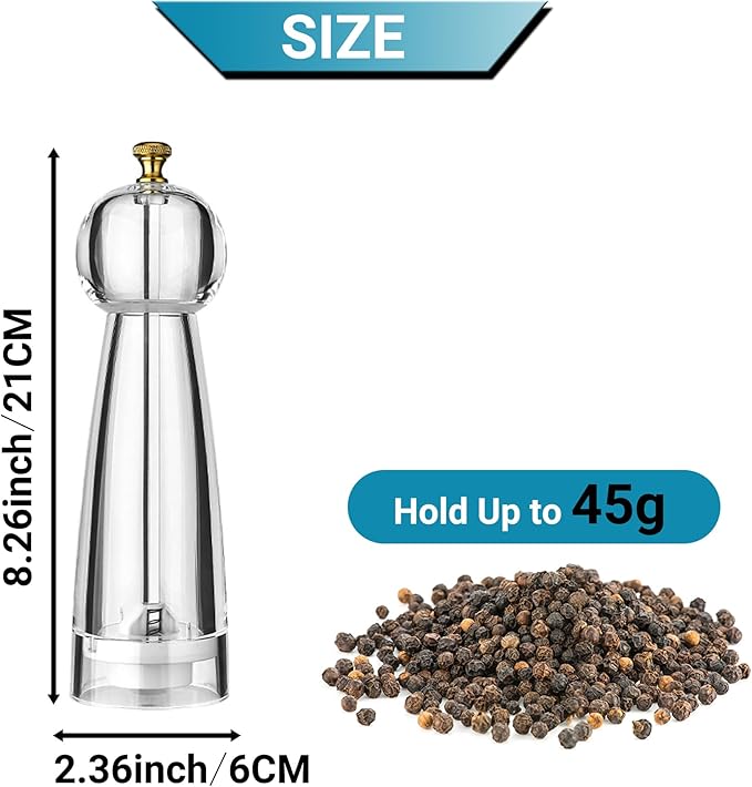 Pepper Grinder Set & Pepper Mills，Classic Manual Transparent Acrylic Rotor，2PCS 8IN High Capacity Pepper & Salt Grinder Seasoning Bottle，Ceramic Core With Adjustable Grain Size Mill for Fresh Spices