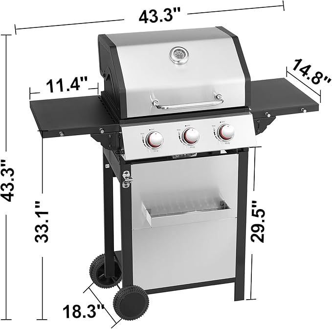 3 Burner Propane Gas Grill, Stainless Steel Cabinet with Side Table & Knob Controls, BBQ Grills Cast Iron Grates and Thermometer for Outdoor Cooking, Patio, BBQ