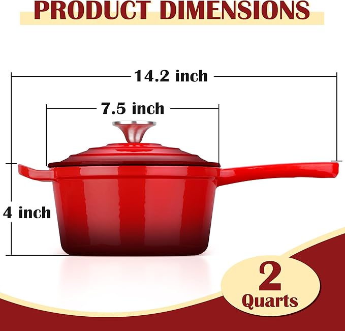 E-far Enameled Cast Iron Sauce Pan, 2 Quart Dutch Oven Saucepan with Lid, Small Sauce Pot for Cooking, Boiling, Healthy & Non Toxic, Induction & Oven Safe, Red