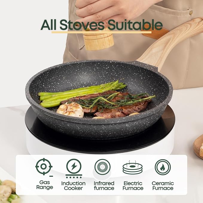 9.5 Inch Nonstick Frying Pan Skillet with Lid,Granite Non Stick Omelet Pans,Induction Compatible Egg Pan with Heat Resistant Handle,PFOA Free