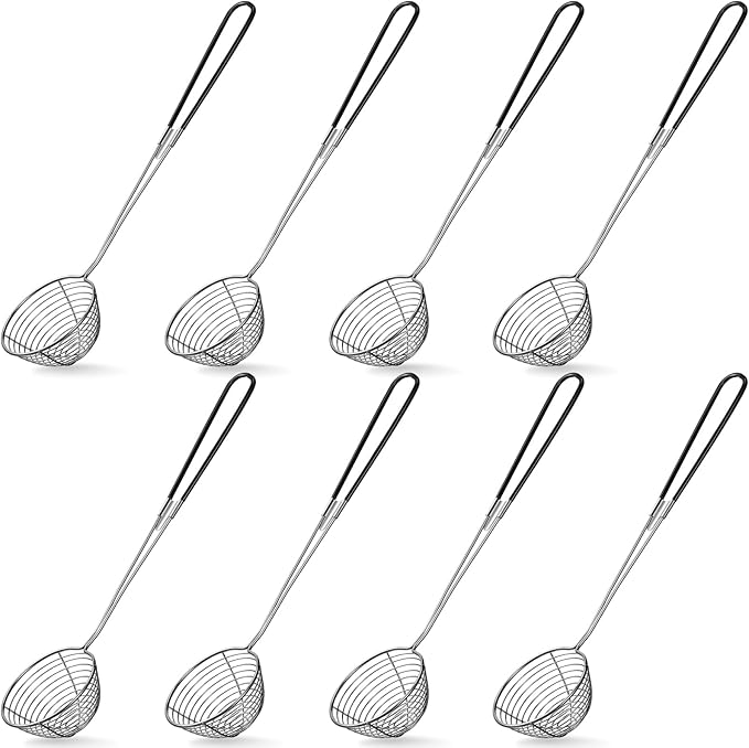 Geiserailie 8 Pieces 6 Pieces Hot Pot Kit Strainer Scoops Stainless Steel 2.5 Inch Mini Spider Strainer Skimmer Pasta Mesh Spoon Asian Skimmer Spoon Ladle with Handle for Home (Black)