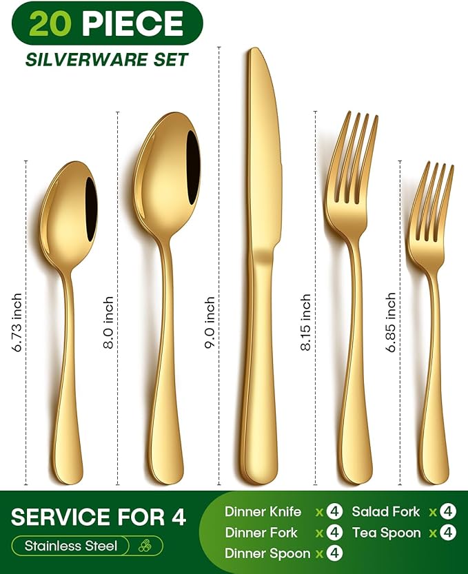 20 Piece Gold Silverware Set, Stainless Steel Flatware Set for 4 Food Grade Cutlery Utensil Set Include Knife Fork Spoon Mirror Polished Dishwasher Safe