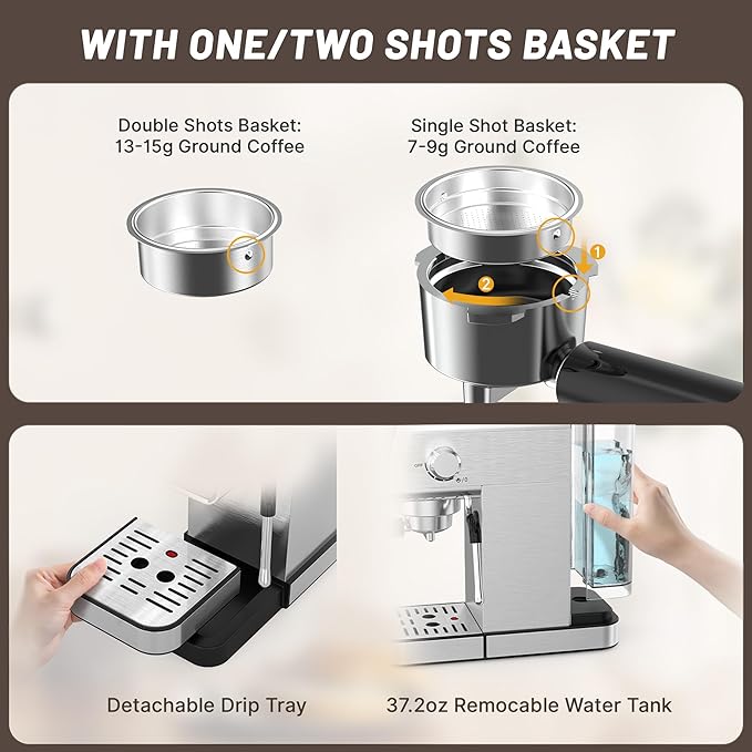 20 Bar Espresso Machine, Semi-Automatic Espresso Maker with Pressure Gauge & Touch Screen, Single Shot Professional Coffee Maker for Home Use, Compact Design with Milk Frother