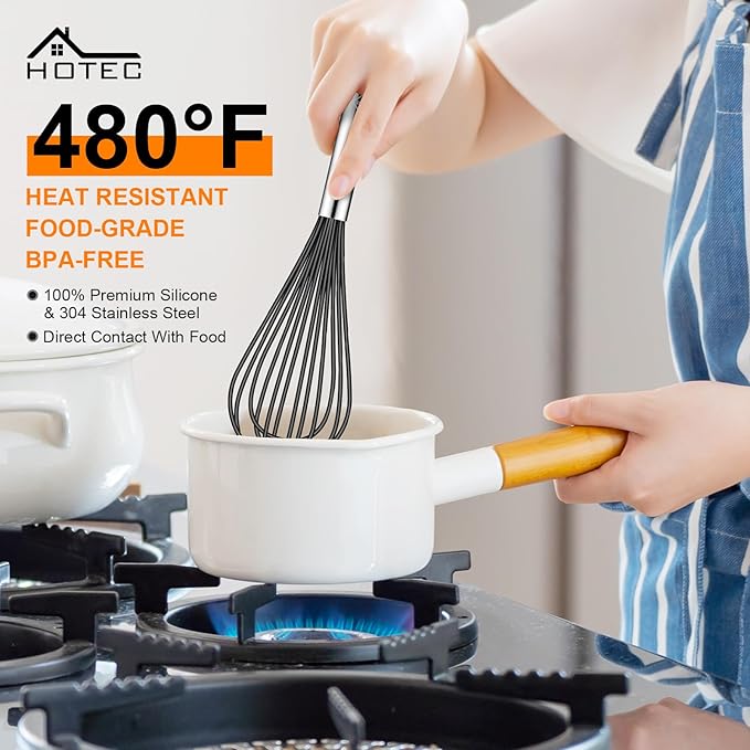 HOTEC 4 Pieces Silicone Whisks Set, Wire Balloon Whisks Egg Beater, Non-slip Handle Whisk for Non-stick Cookware Perfect for Cooking, Stirring, Beating and Blending (Black)