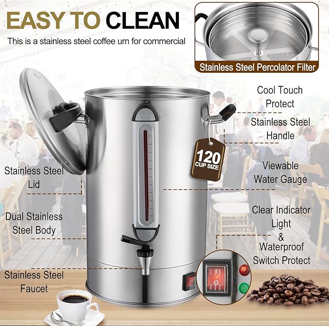 Commercial Coffee Urn 120 Cup Large Coffee Urn 20L Coffee Maker Stainless Steel Double Wall Coffee Percolator 1300W Quick Brew Hot Beverage Dispenser for Events, Offices, Parties, Catering, Gathering