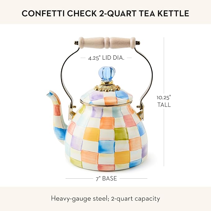 MACKENZIE-CHILDS Enamel Tea Kettle, Cute Tea Kettle for Stovetop, 2 Quarts, Confetti Check