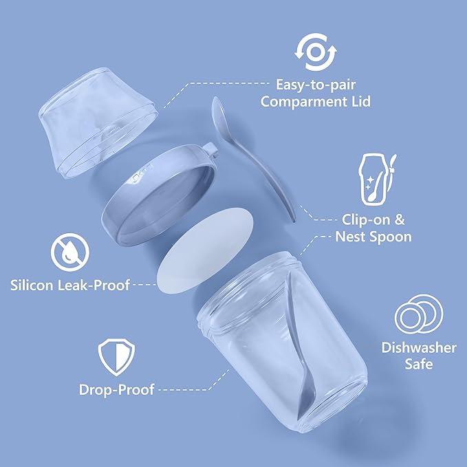 Felli On the Go Yogurt Parfait Snack Cup with Lid 100% Leak Proof, Reusable Travel Container with Spoon + Fruit & Granola Holder for To Go Cereal, Overnight Oats, Chia Pudding Jar (2, Blue Moon)