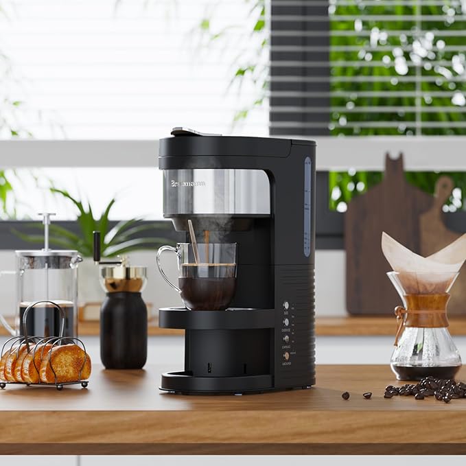 Single Serve Hot & Iced Coffee Maker, for K Cup Pod and Grounds, 6 to 24oz Brew Size, Slim Compact for Small Spaces, Descaling Reminder, with Reusable Filters, Black