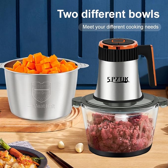 Food Processor, 5-Speed Electric Food Chopper with Vegetable Chopper & Meat Grinder - 2 Bowls (8 Cup Stainless Steel+8 Cup Glass), 300W, 2 Sets of 4 Bi-Level Blades for Vegetable/Fruits/Meat