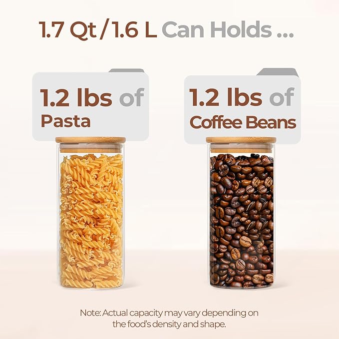 ComSaf 1.7 Qt Glass Storage Containers with Lids, Glass Jars with Lids, Clear Food Storage Jar, Round Canister Set of 3, Pantry Organizers for Pasta Flour Cookie Rice Tea Coffee Bean