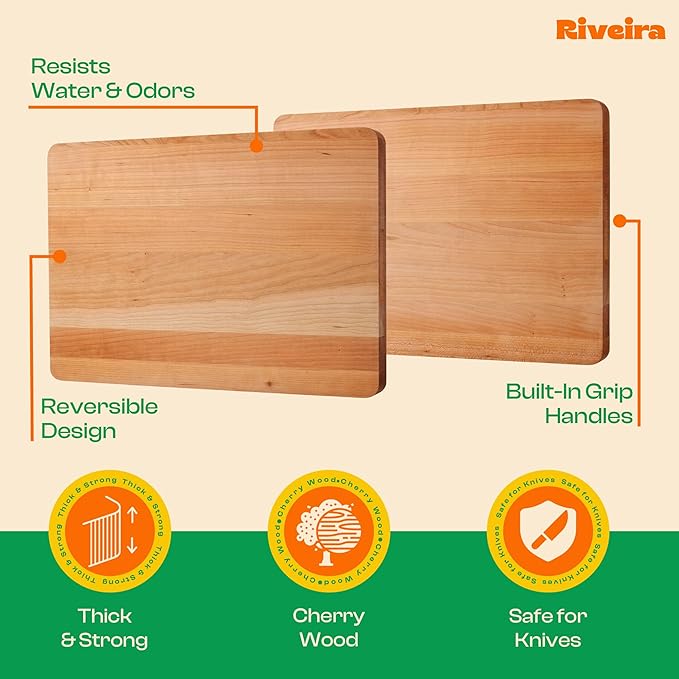 Riveira Cherry Wood Cutting Board – Versatile And Durable: Set Of 3 Pcs Rectangular Wooden Cutting Board – Natural Wooden Cutting Boards For Kitchen – Complete Cherry Wooden Chopping Board