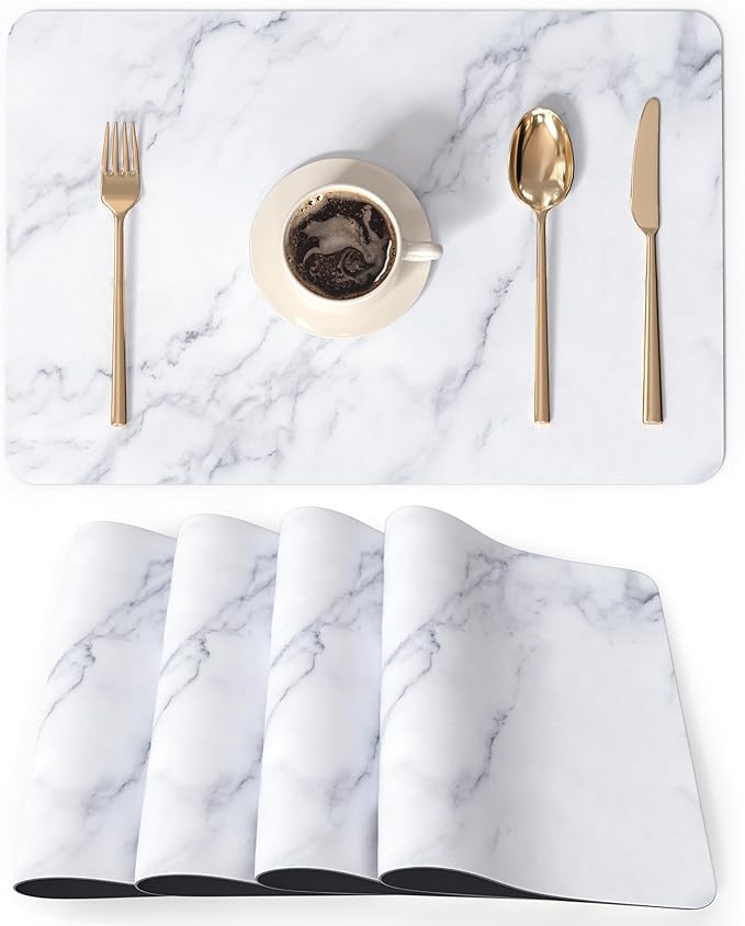 QIYI Placemats Set of 4, 12x18 Inch PU Leather Place Mats for Kitchen Dinning, Heat Resistant Anti Slip Table Mats, Waterproof Wipeable Washable Placemat Party Table Décor, White Marble