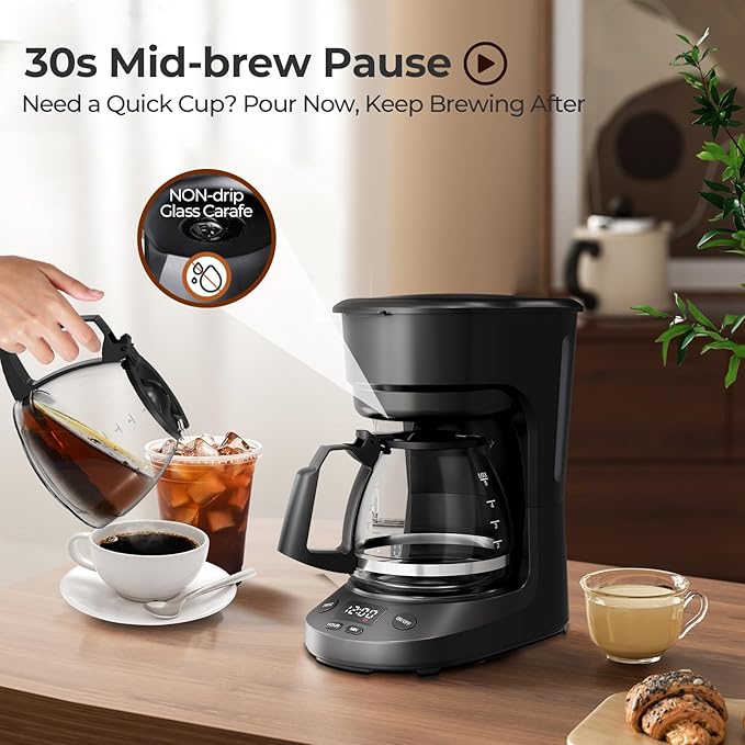 5-Cup Programmable Coffee Maker with 24h Timer, Small Drip Coffee Machine with Auto Shut-off, 2h Keep Warm, BPA-free Glass Carafe Coffee Pot, Delay Brew, 25oz Water Tank, Compact for Home/RV/Dorm