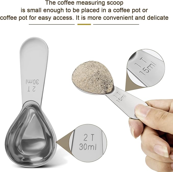 Stainless steel coffee scoop 2-piece set (1 tbsp, 2 tbsp) durable Tablespoon, ergonomic measuring spoon, Suitable for small and large jars，short-handled spoon (Silver)
