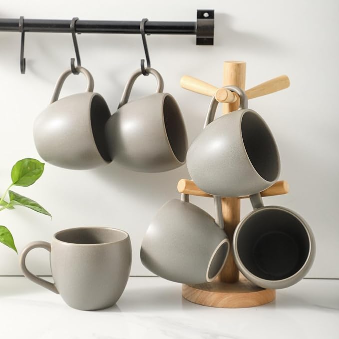 Ceramic Coffee Mugs Set, 16 oz Large Coffee Cups Set of 6 with Big Handle, Stoneware Coffee Mugs for Cappuccino, Tea, Cocoa, Cereal, Cute Latte Cups for Men and Women Gifts, Grey