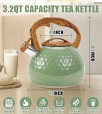 Stovetop Whistling Tea Kettle 3.2QT - Stainless Steel with Wood Grain Handle, Loud Whistle Kettle for Tea, Coffee & Milk, Ergonomic Grip & Balanced Pour Spout (Emerald Green)