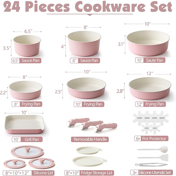 SENSARTE 24 Piece Ceramic Pots and Pans Set, Nonstick Detachable Handle Cookware, Induction Kitchen Cookware Set with Removable Handle, Healthy Non Stick for RV, Dishwasher＆Oven Safe, PFOA Free (Pink)