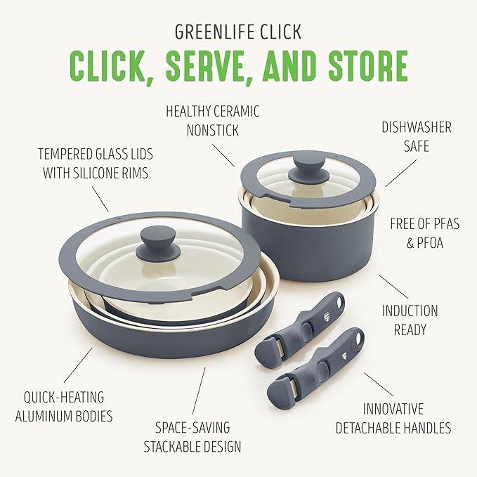 GreenLife 10 Piece Nonstick Pots & Pans Set, Detachable Handle & Stackable Cookware Set, Non Toxic PFAS-Free Skillets, Induction Kitchen Pans, Space Saving, Serving Bowls, Oven Safe, Graphite