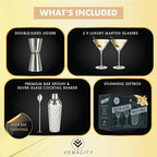 VEMACITY - Silver Luxury Home Mixology Cocktail Shaker Set with Silver Accessories - Glass Shaker with Built-In Strainer, 2 Ribbed Espresso Martini Glasses & Bar Tools - Gift Sets, Wedding Gift