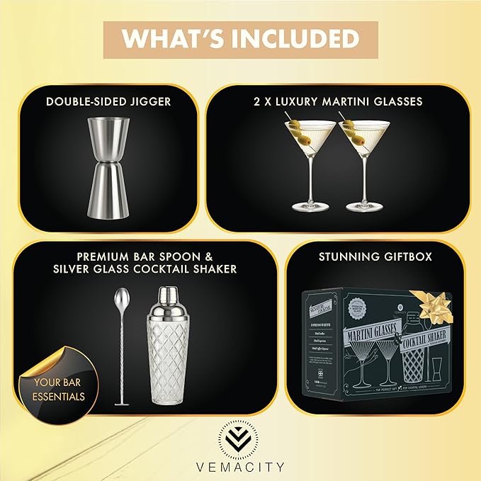 VEMACITY - Silver Luxury Home Mixology Cocktail Shaker Set with Silver Accessories - Glass Shaker with Built-In Strainer, 2 Ribbed Espresso Martini Glasses & Bar Tools - Gift Sets, Wedding Gift