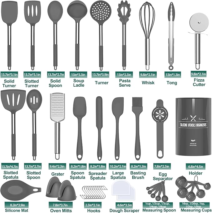 Umite Chef Silicone Kitchen Cooking Utensil Set, 43 pcs Silicone Spatula with Stainless Steel Handle, Non-stick Heat Resistant - Best Cookware (Grey)