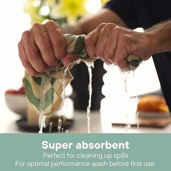 MEEMA Kitchen Towels and Dishcloths Sets of 4 | Large 18 x 28 Inch | Upcycled Cotton Tea Towel | Super Absorbent Cotton Dish Towels for Kitchen | Sage Green Stripes | Hand Towels