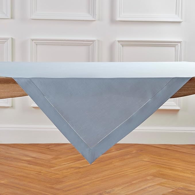 Solino Home Linen Tablecloth 52 x 52 Inch - 100% Pure Linen Dusty Blue Square Tablecloth - Classic Hemstitch, Machine Washable Table Throw for Summer, Fall, Autumn