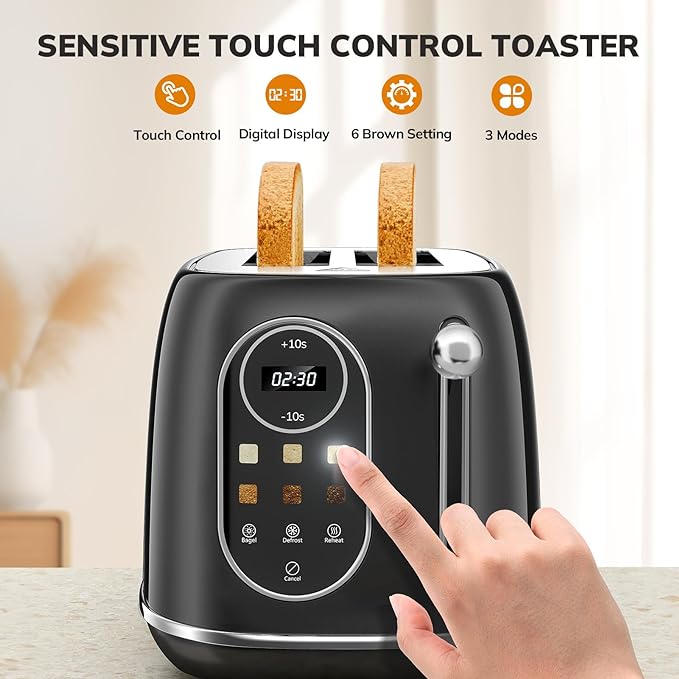 Keenstone Smart Touch Screen Toaster 2 Slice, Retro Wide Slot Stainless Steel Toaster with 6 Browning Levels, Reheat & Defrost, for Bagel, Toast, Bread, Removable Crumb Tray, Black