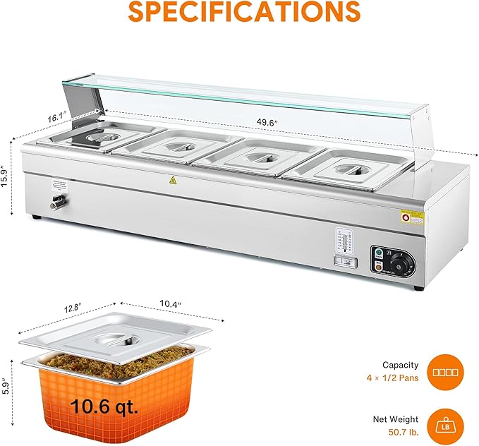 WILPREP 4-Pan Commercial Food Warmer with Sneeze Guard, Four 1/2 Pans, 1500W Countertop Electric Warmer, 86-185°F Adjustable Temp Control, Stainless Steel Buffet Bain Marie