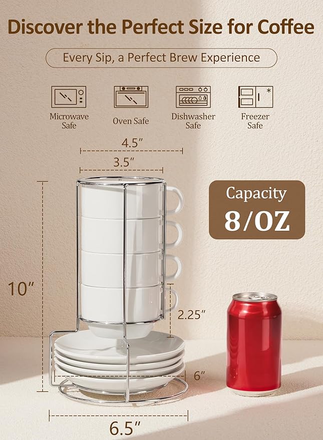 Yedio 8 oz Porcelain Cappuccino Cups with Saucers and Metal Stand, Stackable Coffee Cups for Latte, Americano, Tea – Set of 4, White