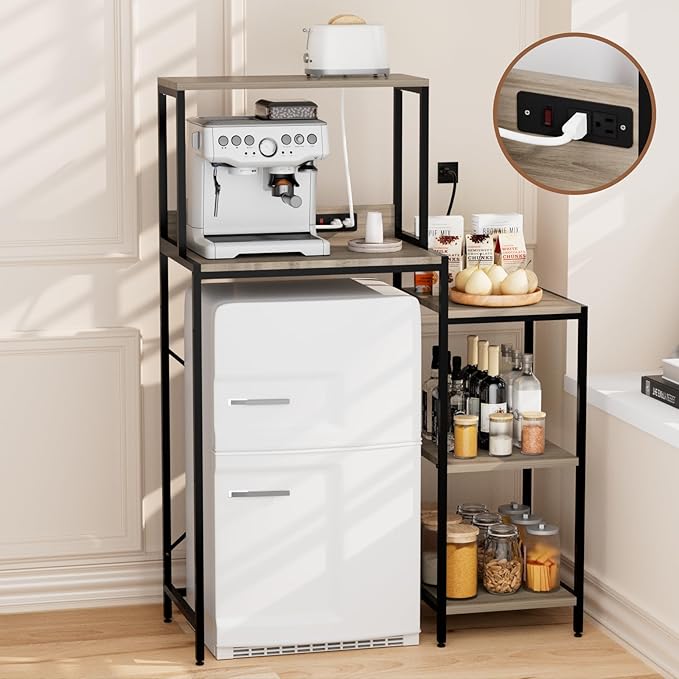 Mini Fridge and Microwave Stand over Refrigerator Storage Shelf with Power Outlet, 5 Tiers Adjustable Bakers Rack Cabinet Coffee Bar Appliance Storage Organizer for Dorm Office Kitchen, Gray