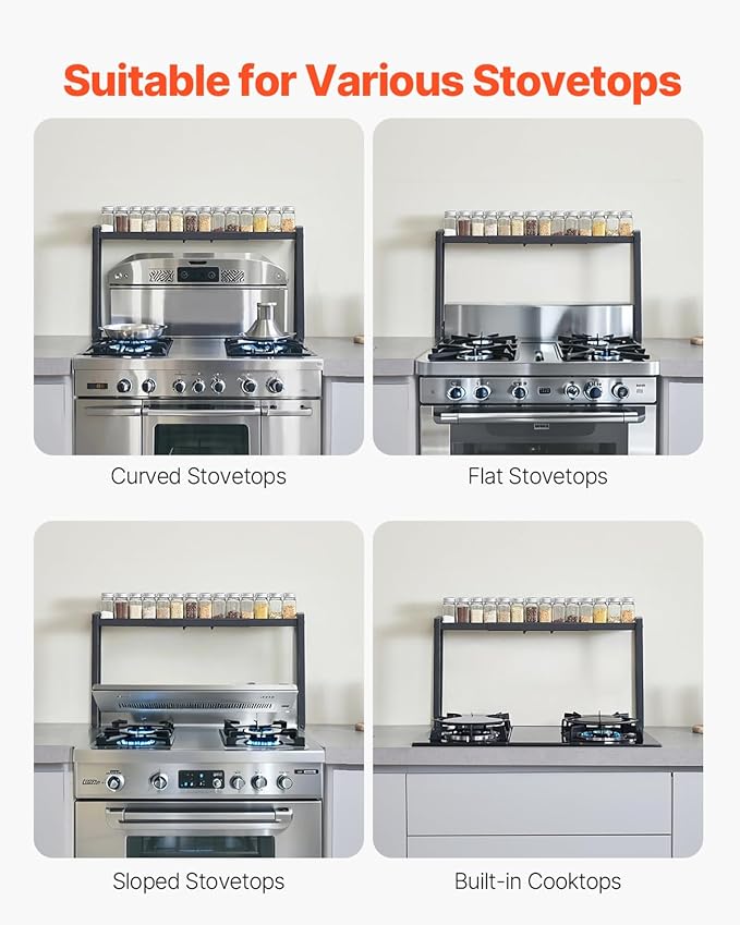 VEVOR Over the Stove Shelf, Adjustable 27-33Inch Spice Organizer, 4 Level Expandable Height Spice Rack for Kitchen Stove Top, Spice Organizer, Countertop Seasoning Organizer Storage Solution, Black