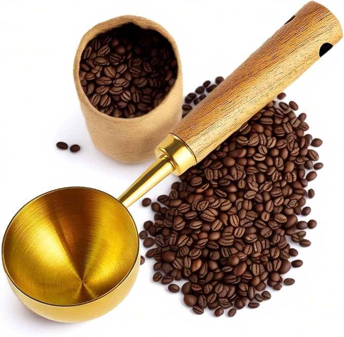 Coffee Scoop For Ground Coffee,Coffee Beans And Tea,10g Capacity-304 Stainless Steel Coffee Spoon With Nature Walnut wood Handle,Golden Yellow(With A Burlap Cord &Thickened Storage Bag)