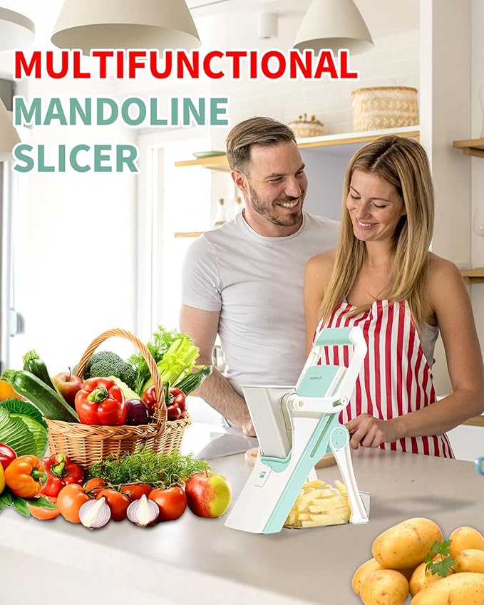 Safe Mandoline Slicer Upright Vegetable Chopper-Julienne Dicer for Kitchen, Potato Slicer, Adjustable Vegetable Cutter with Container, Multifunctional 6 in 1 Food Chopper (White)