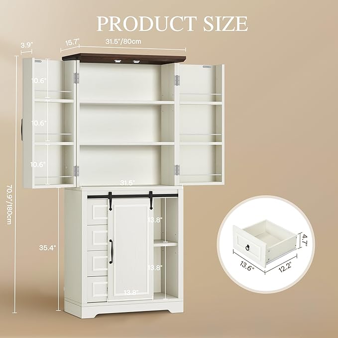 DWVO 71" Kitchen Pantry with Sliding Barn Door & Storage Drawers, Farmhouse Tall Storage Hutch Cabinet with Adjustable Shelves, Versatile Organizers for Living Room, Dining Room, Hallway, Off White