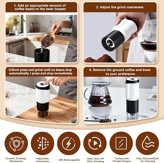 Portable Electric Coffee Grinder，Automatic Coffee Grinder with USB Type-C wireless charging design，Adjustable Coarse to Fine for coffee beans, grains, cleaning brush + cable Includes