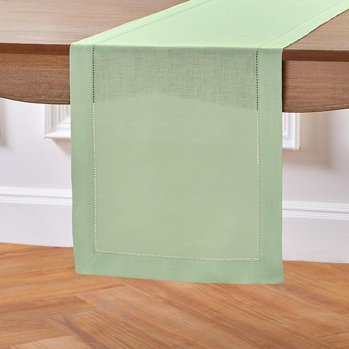 Solino Home Linen Table Runner 90 Inches Long - 100% Pure Linen Light Green Table Runner 14 x 90 Inch for Summer - Classic Hemstitch
