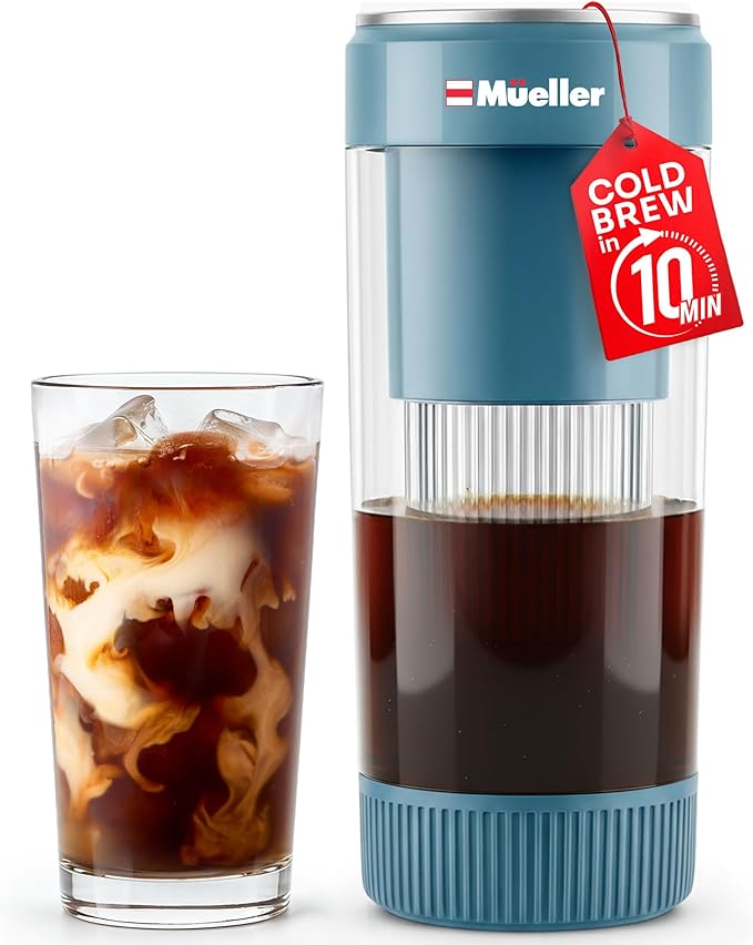 Mueller RapidBrew Cold Brew Iced Coffee Maker – 10 Min Fast Brew Portable Rechargeable Cold Brew Machine for Coffee & Tea – Adjustable Strength 10-99 Min – 20 Servings Per Charge, Mineral Blue