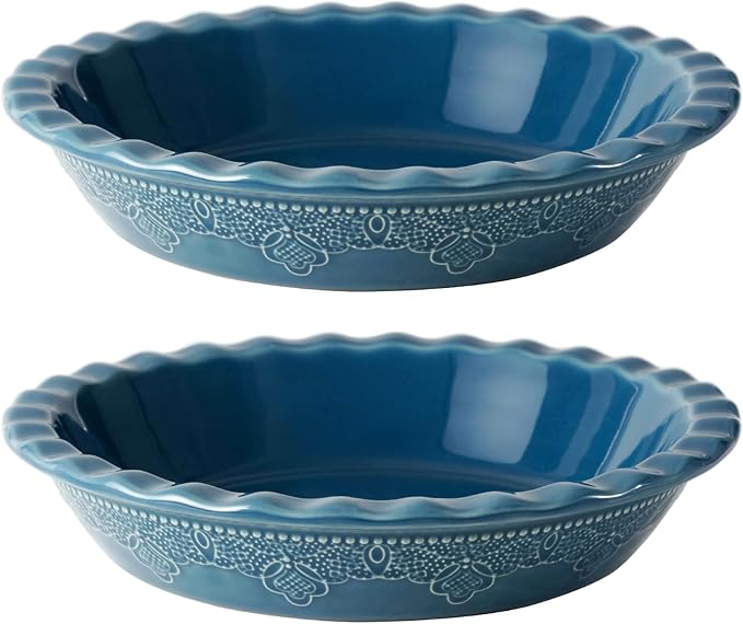 Fun Elements Pie Pan, 9 Inch Ceramic Pie Dish, Deep Dish Pie Pan with Lace Emboss, Ruffled Pie Plate for Baking, Thanksgiving Christmas Gifts, Set of 2, Blue
