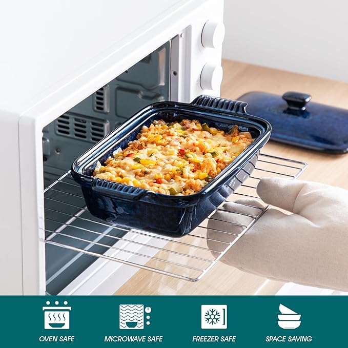 vancasso Starry Casserole Dish With Lid, 1.9 Quart Deep Lasagna Pan Ceramic Bakeware Covered Casserole Dish Blue