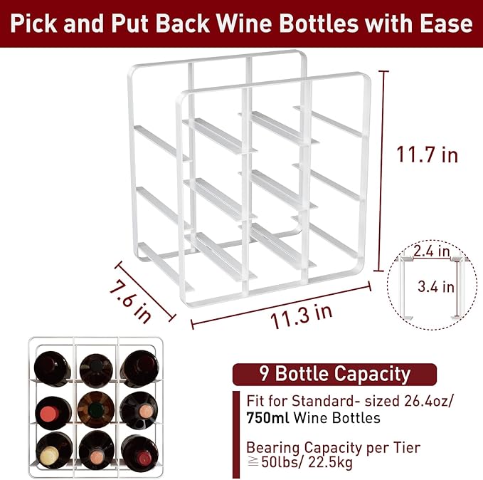 Buruis 9-Bottle Metal Wine Rack, Freestanding Holder Organizer for Red and White Wine, Kitchen Countertop, Pantry, No Assembly Required, White