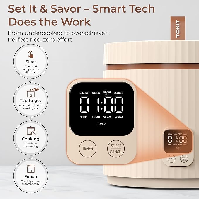 TOKIT Rice Cooker Small 3 Cup Uncooked /6 Cup Cooked, Modern Multifunctional Mini Rice Cooker with Display Touch Button for 1-3 People Ceramic Coated Non-Stick Pot 8 Cook Functions - Cooking & Warmer