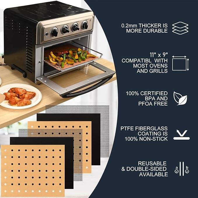 WMKGG 3 Pack Air Fryer Oven Liners Set, 9 x 11 Inch Reusable Non-Stick Toaster Oven Mats Compatible with Cuisinart, Breville, Ninja Foodi, Kalorik, Emeril Lagasse
